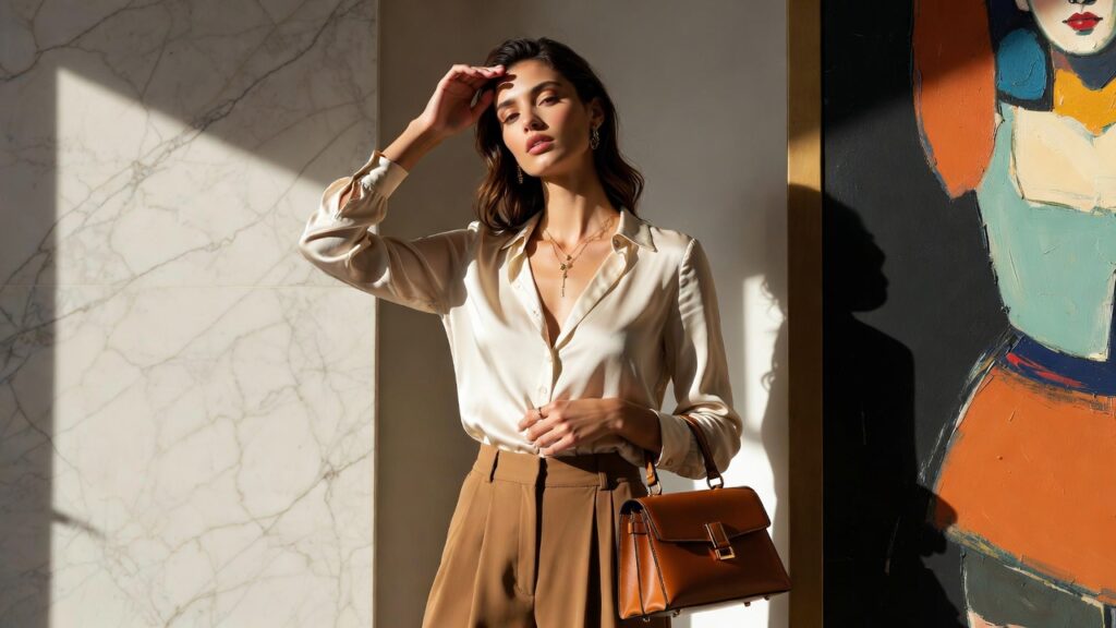 Silk Blouse + Wide-Leg Pants + Simple Jewelry