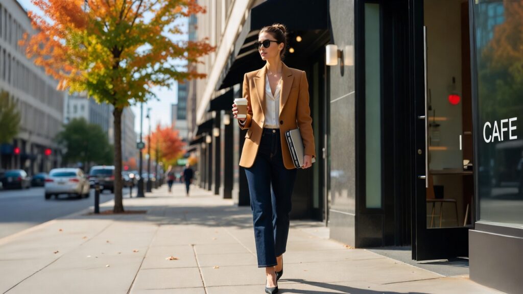 Tailored Blazer + Dark Jeans + Pointed Flats