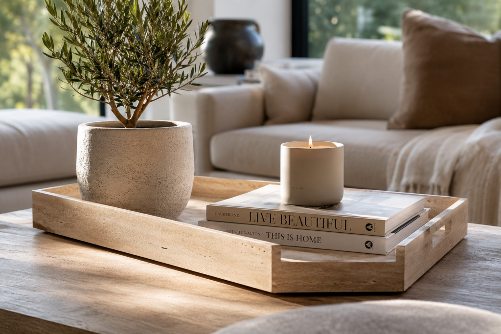 coffee table styling ideas with tray, books and candle