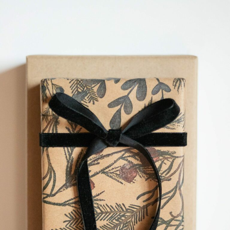 Elegant Gift Guide: a beautifully wrapped gift box with a black ribbon