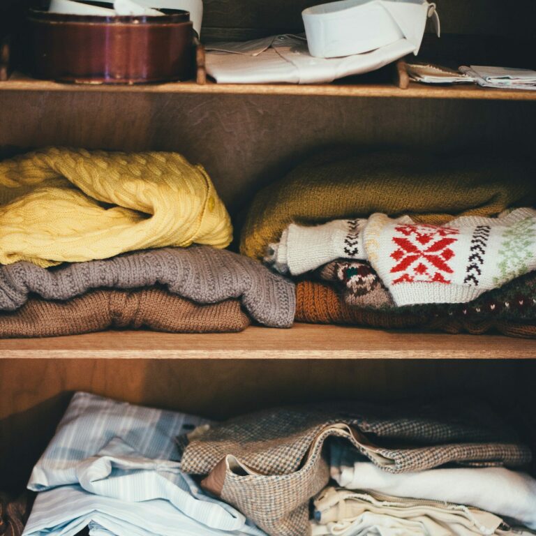 Home Storage Solutions: neatly organized closet shelves filled with folded clothes