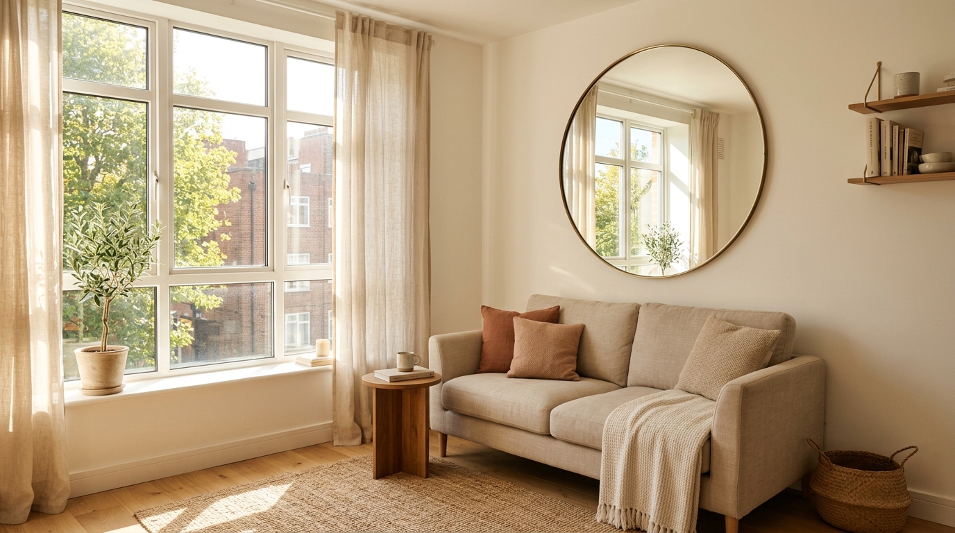 A small living room styled with a large leaning mirror, light walls, and pared-back furniture to look more spacious