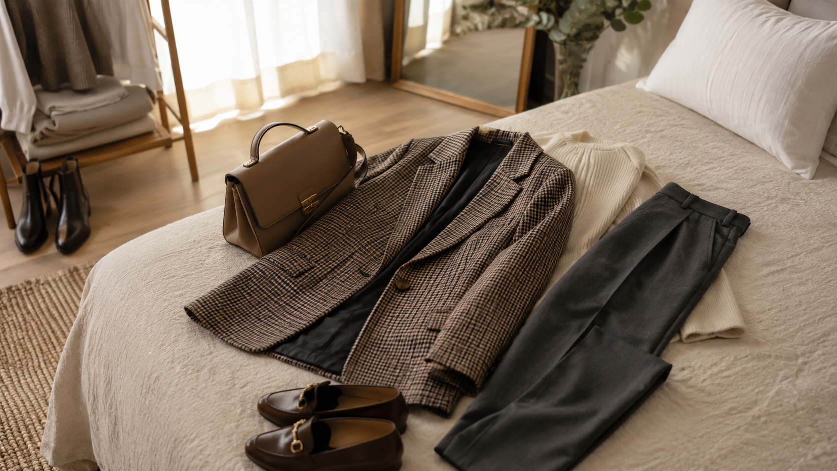 A tailored blazer and structured trousers styled as a business casual capsule outfit
