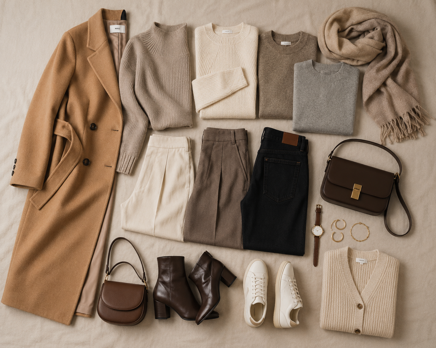 Fall capsule wardrobe 2026 flat lay — camel coat, wool sweater, ankle boots