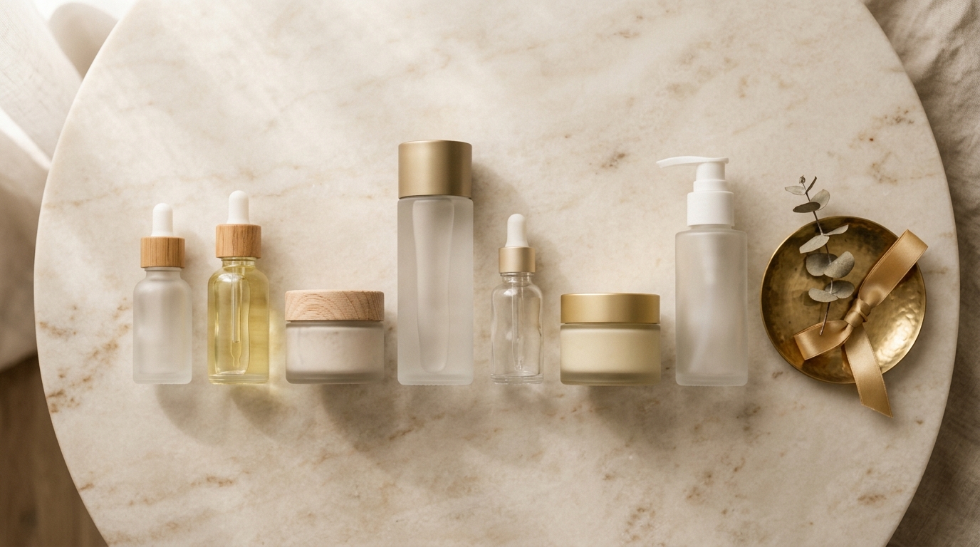 Skincare capsule for women over 40 — seven-product edit laid out on marble