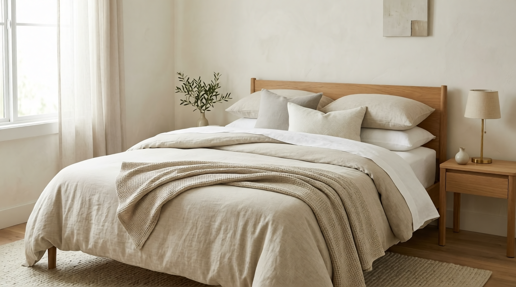 boutique-hotel-style guest bedding layered in warm neutral tones