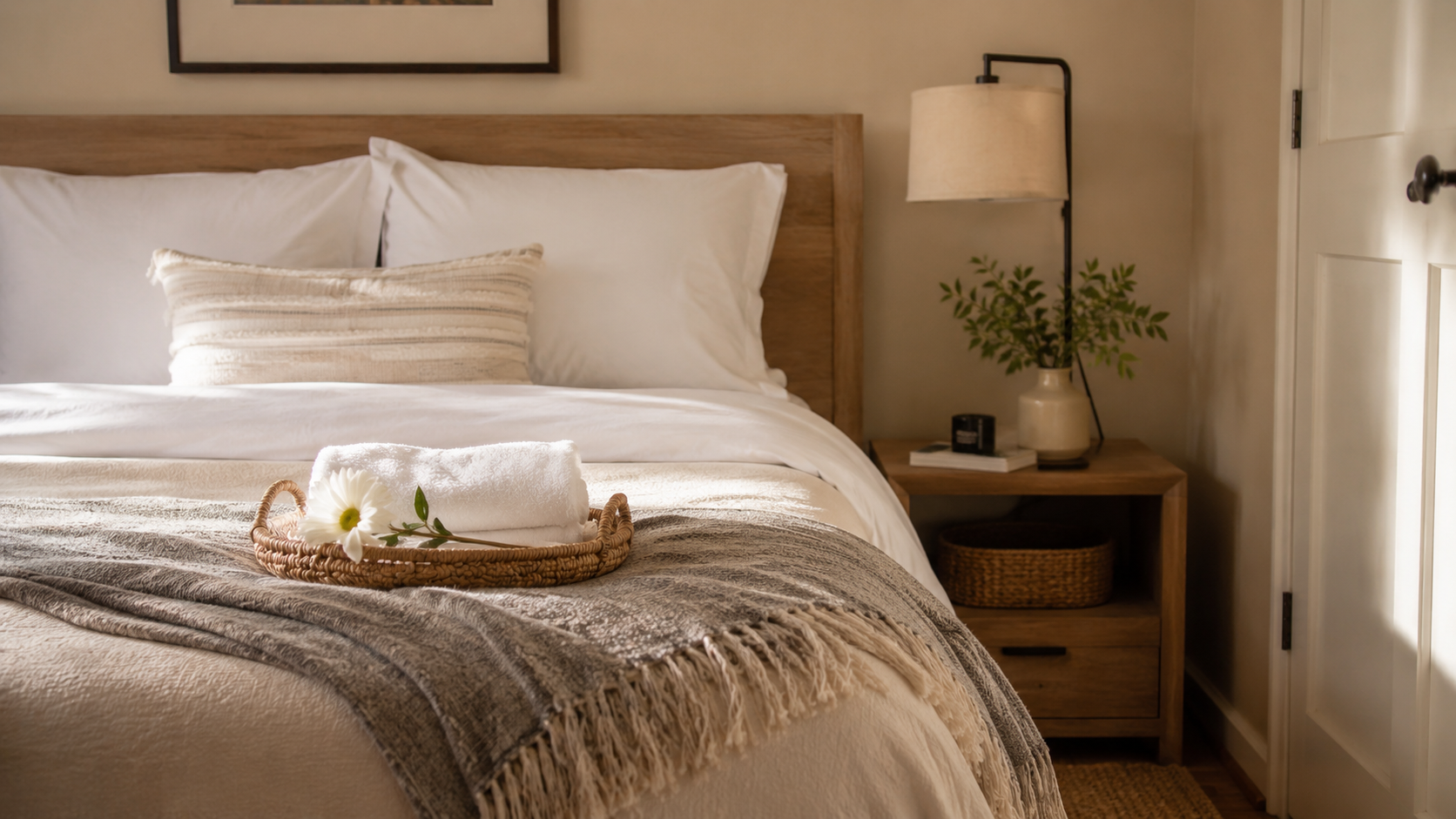 Guest room must-haves budget bedding set styled on a neatly made bed with folded sheets and two pillows