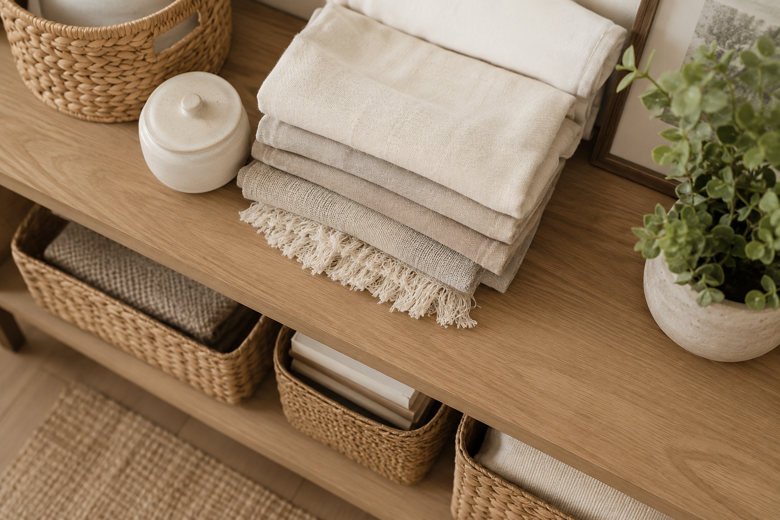 household storage solutions styled on a wood shelf