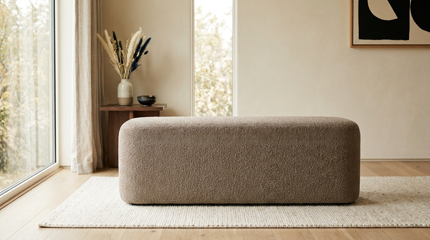 Closed storage bench in room quiet luxury flat lay claw clip