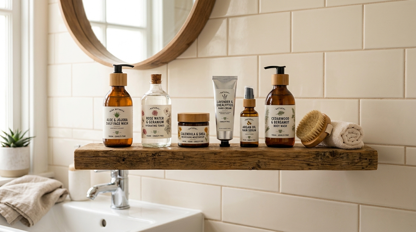 Natural personal care products for daily use lined up on a bathroom shelf.