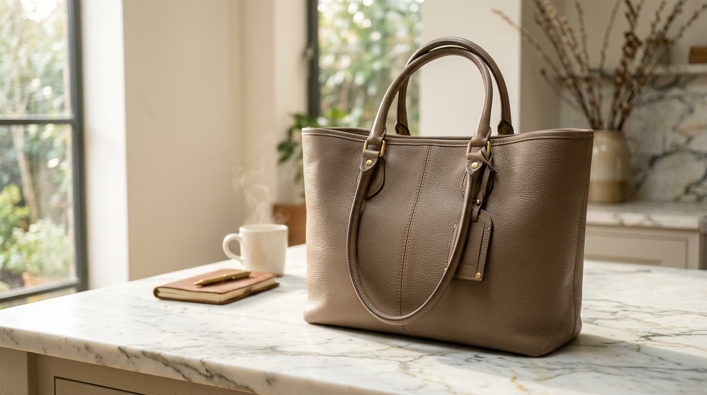 Quiet luxury handbag in tan leather styled on a marble countertop