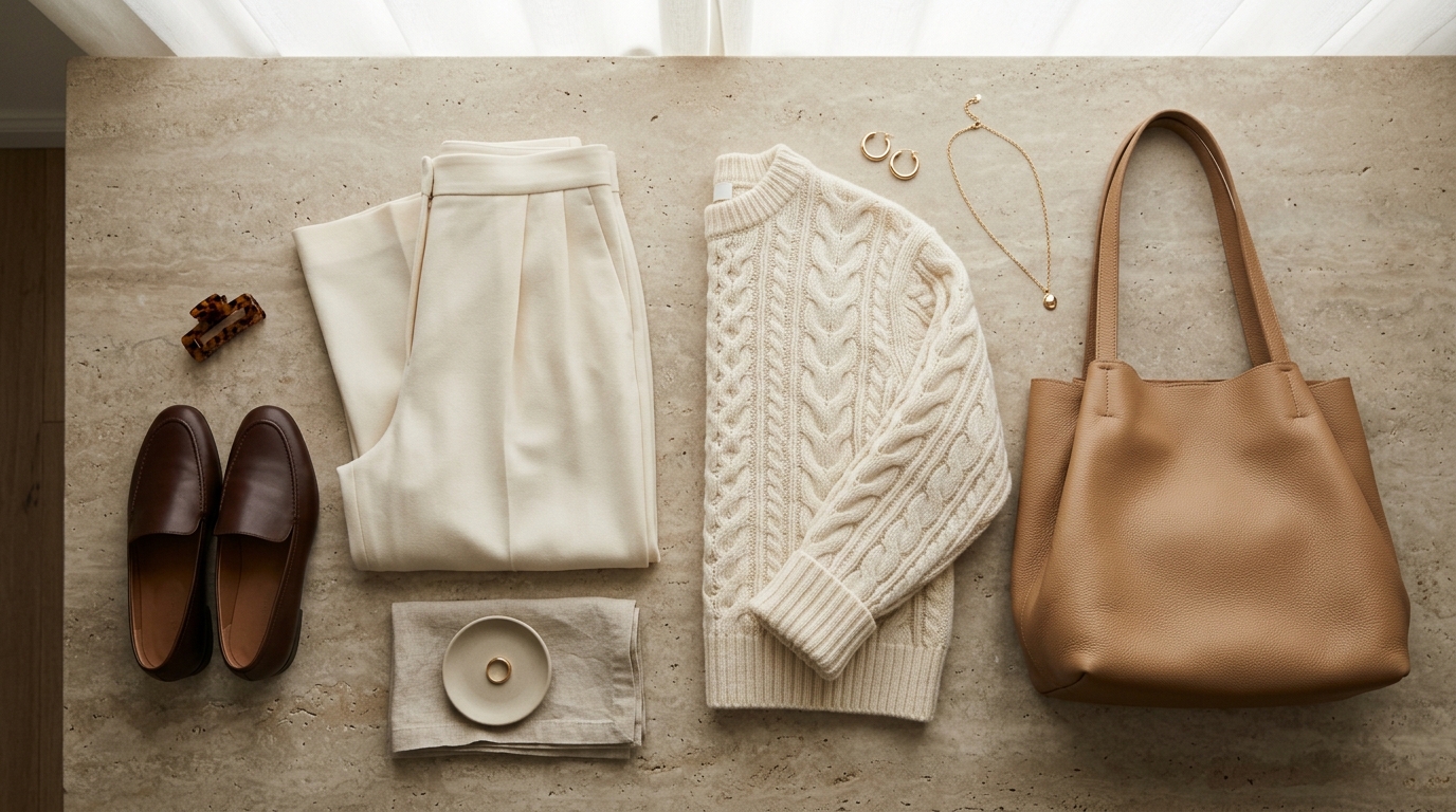 The Row quiet luxury dupe outfit with wide-leg trousers, cashmere knit, and leather tote