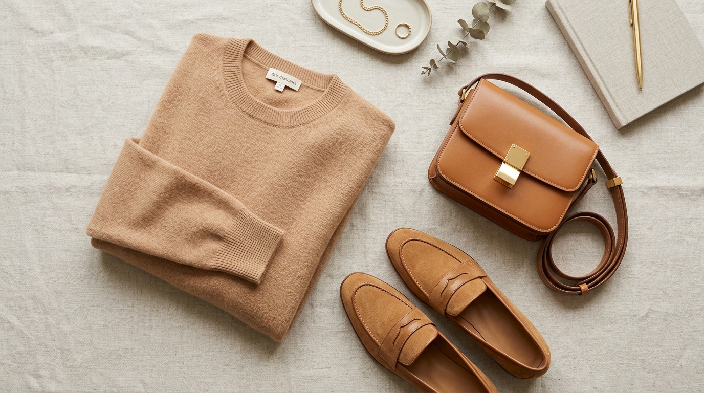 Sweater loafers and bag flat quiet luxury flat lay claw clip