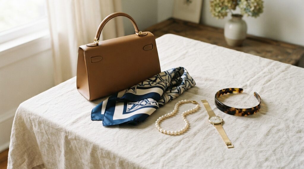 Old money accessories: leather handbag, silk scarf, pearls and gold watch