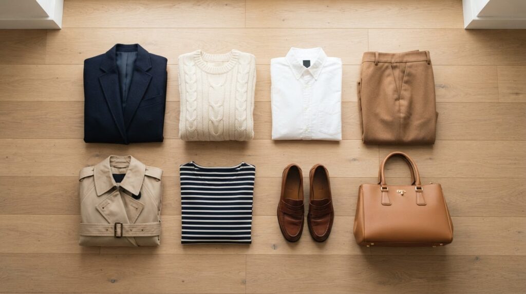 10 key pieces for an old money wardrobe laid out flat