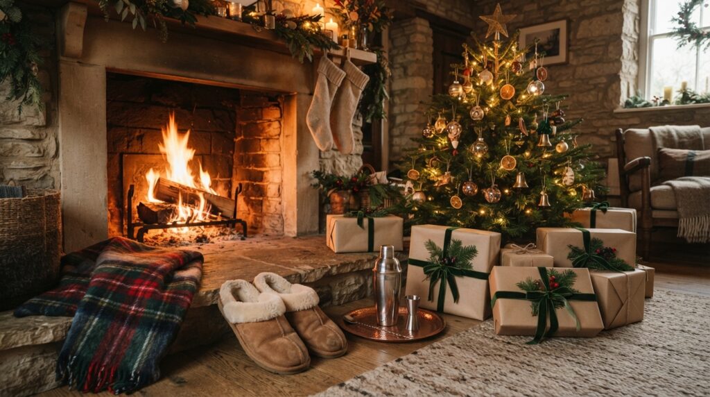 Christmas gifts for men: slippers, cocktail kit and wrapped presents under the tree