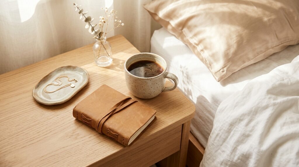 Everyday gifts for women: silk pillowcase, mug and journal on a nightstand