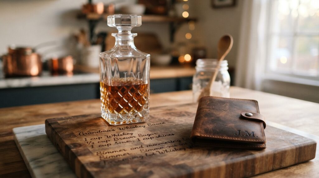 Personalized gifts for men: engraved decanter, recipe cutting board and monogrammed passport holder