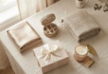 Gifts for women who have everything: silk pillowcase, candle, jewelry case and cashmere throw