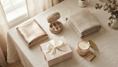 Gifts for women who have everything: silk pillowcase, candle, jewelry case and cashmere throw