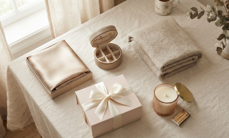 Gifts for women who have everything: silk pillowcase, candle, jewelry case and cashmere throw