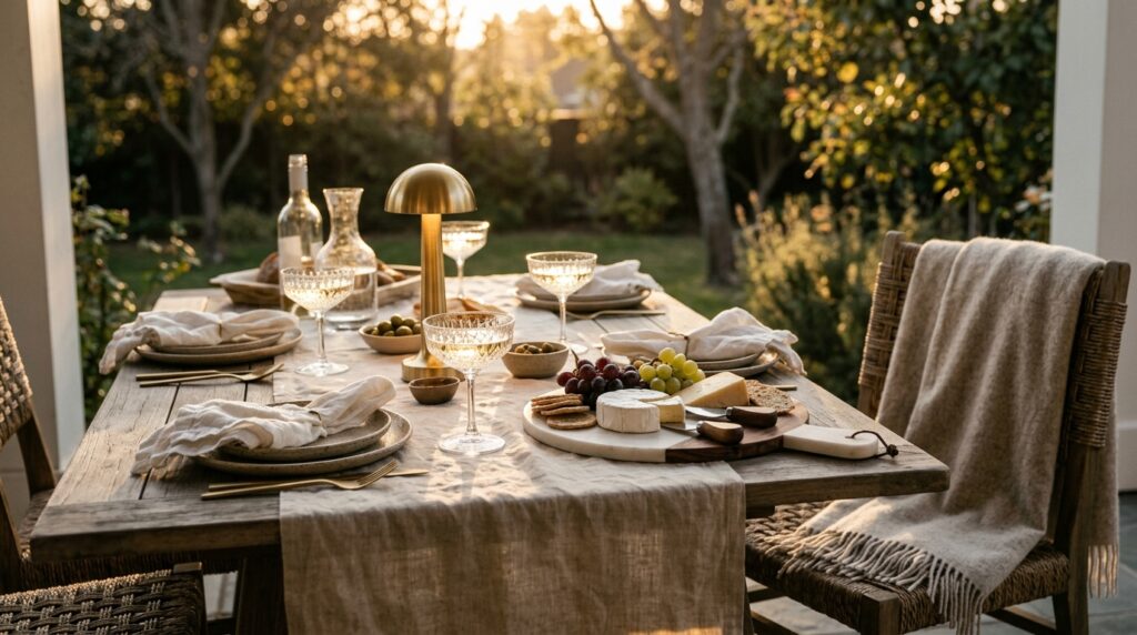 Home and hosting gifts for women: linen napkins, coupe glasses and cheese board