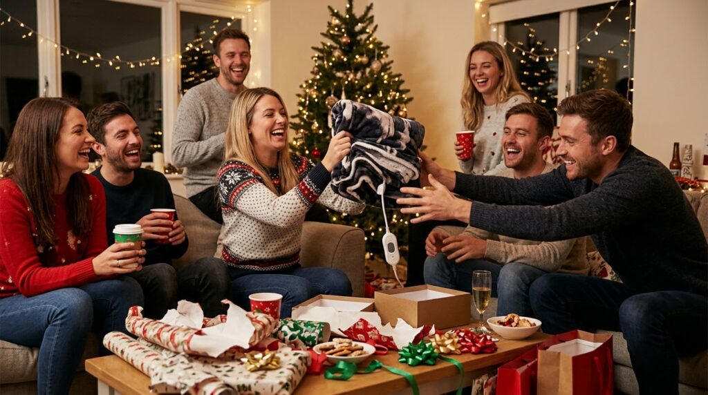 White elephant gift ideas under $25: friends stealing a heated blanket