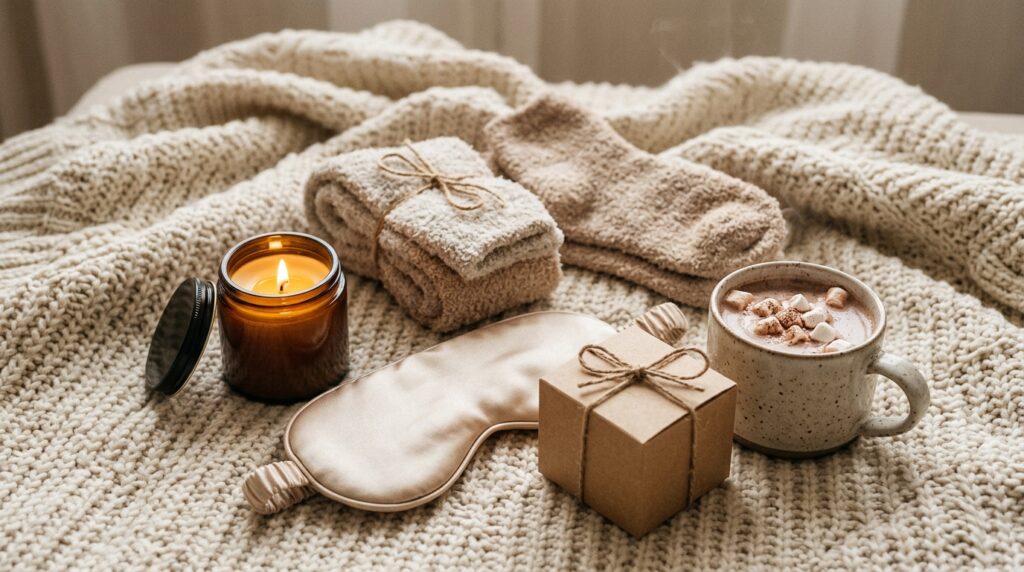 White elephant gift ideas under $25 : candle, fuzzy socks and sleep mask