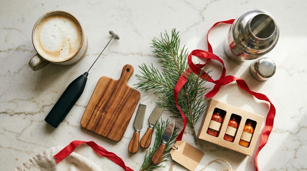 Kitchen white elephant gifts under $25: milk frother, charcuterie board and cocktail shaker