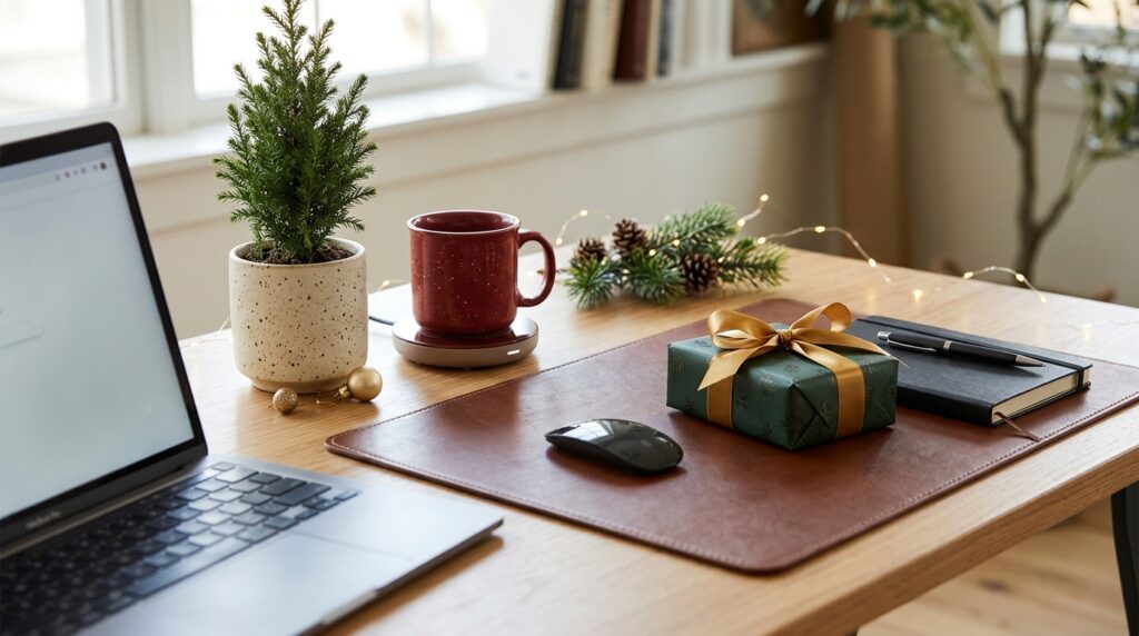 White elephant gift ideas for the office: desk plant, mug warmer and leather desk pad