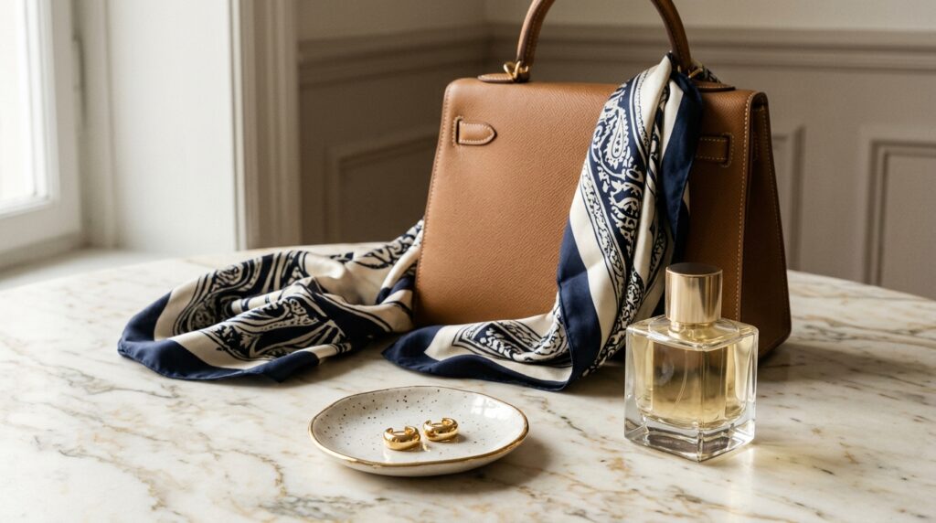 Luxury gifts for women: leather handbag, silk scarf, gold earrings and perfume