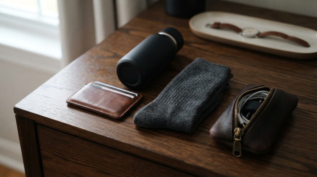 Everyday upgrade gifts for men: leather wallet, insulated bottle and tech pouch
