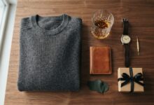 Gifts for men who have everything: leather wallet, whisky glass, cashmere sweater and watch