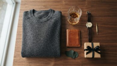 Gifts for men who have everything: leather wallet, whisky glass, cashmere sweater and watch