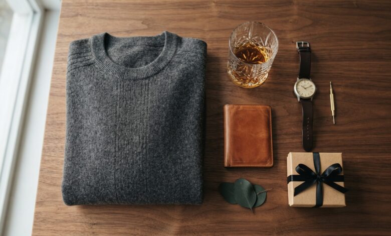 Gifts for men who have everything: leather wallet, whisky glass, cashmere sweater and watch