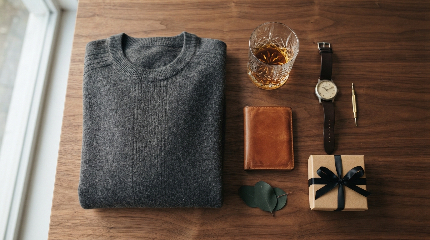 Gifts for men who have everything: leather wallet, whisky glass, cashmere sweater and watch
