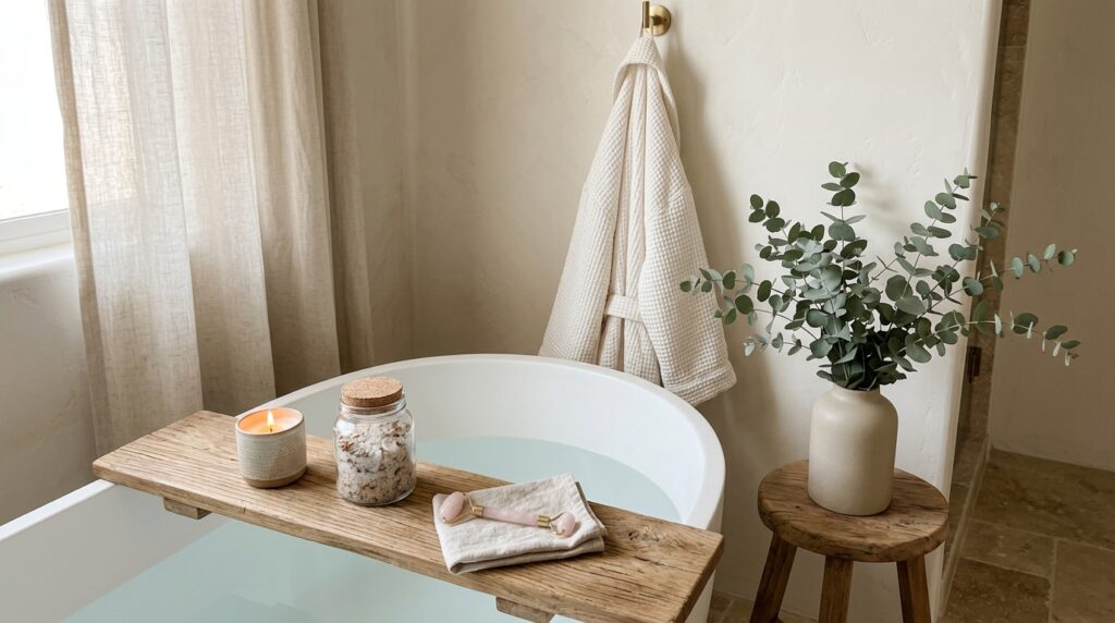 Self-care gifts for women: waffle robe, candle, bath salts and facial roller