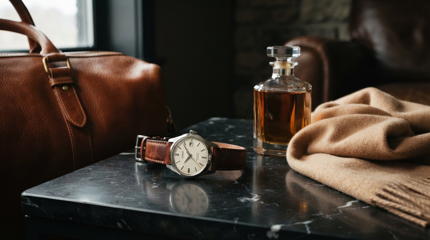 Luxury gifts for men: automatic watch, leather weekender bag and cashmere scarf