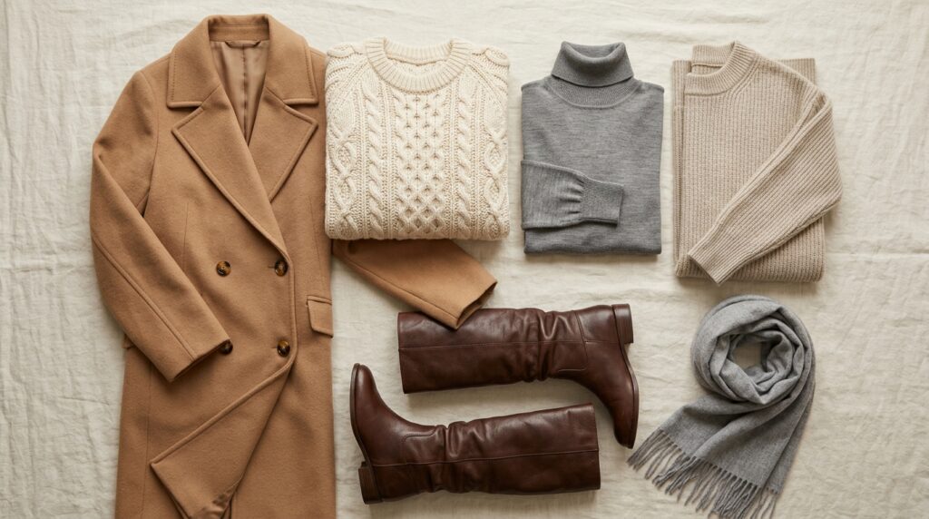 10 winter wardrobe pieces for women: wool coat, turtleneck, sweater and boots