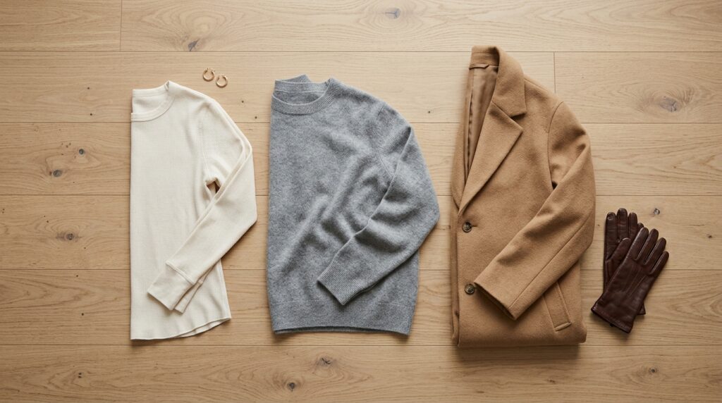 The 3-layer rule for winter outfits: thermal top, cashmere sweater and wool coat winter outfits for women