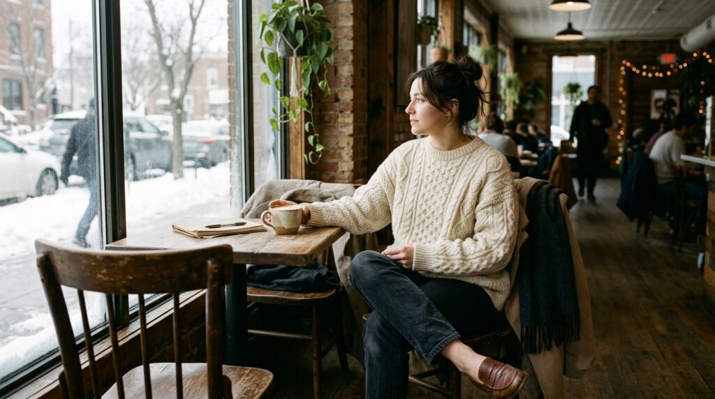 Cute winter outfit: cream cable-knit sweater, jeans and loafers winter outfits for women