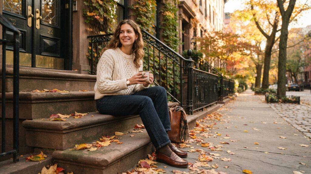 Old money weekend outfit with cable-knit sweater and jeans