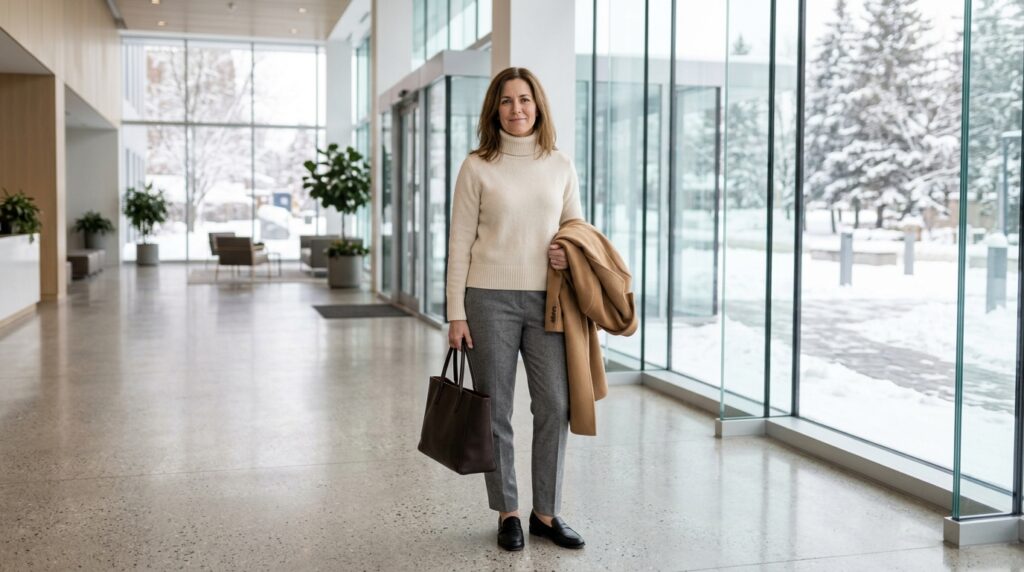 Winter work outfit for women: cream turtleneck, grey trousers and camel coat winter outfits for women