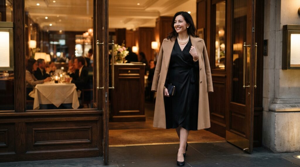 Old money evening outfit with black dress, pearls and camel coat