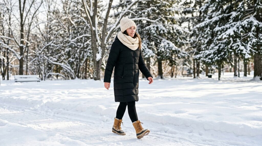 Snow day outfit for women: long down coat, knit beanie and waterproof boots