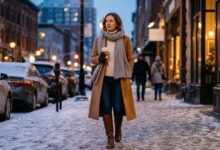 Winter outfit for women: camel coat, cream turtleneck, jeans and knee-high boots