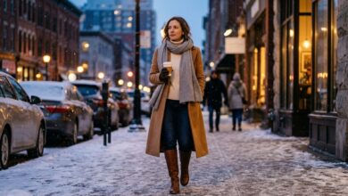Winter outfit for women: camel coat, cream turtleneck, jeans and knee-high boots