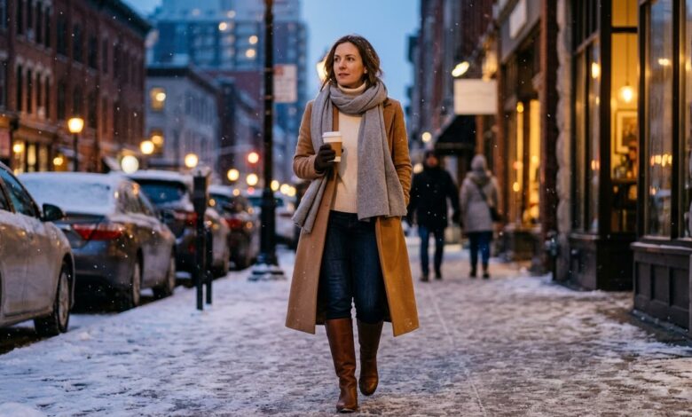 Winter outfit for women: camel coat, cream turtleneck, jeans and knee-high boots
