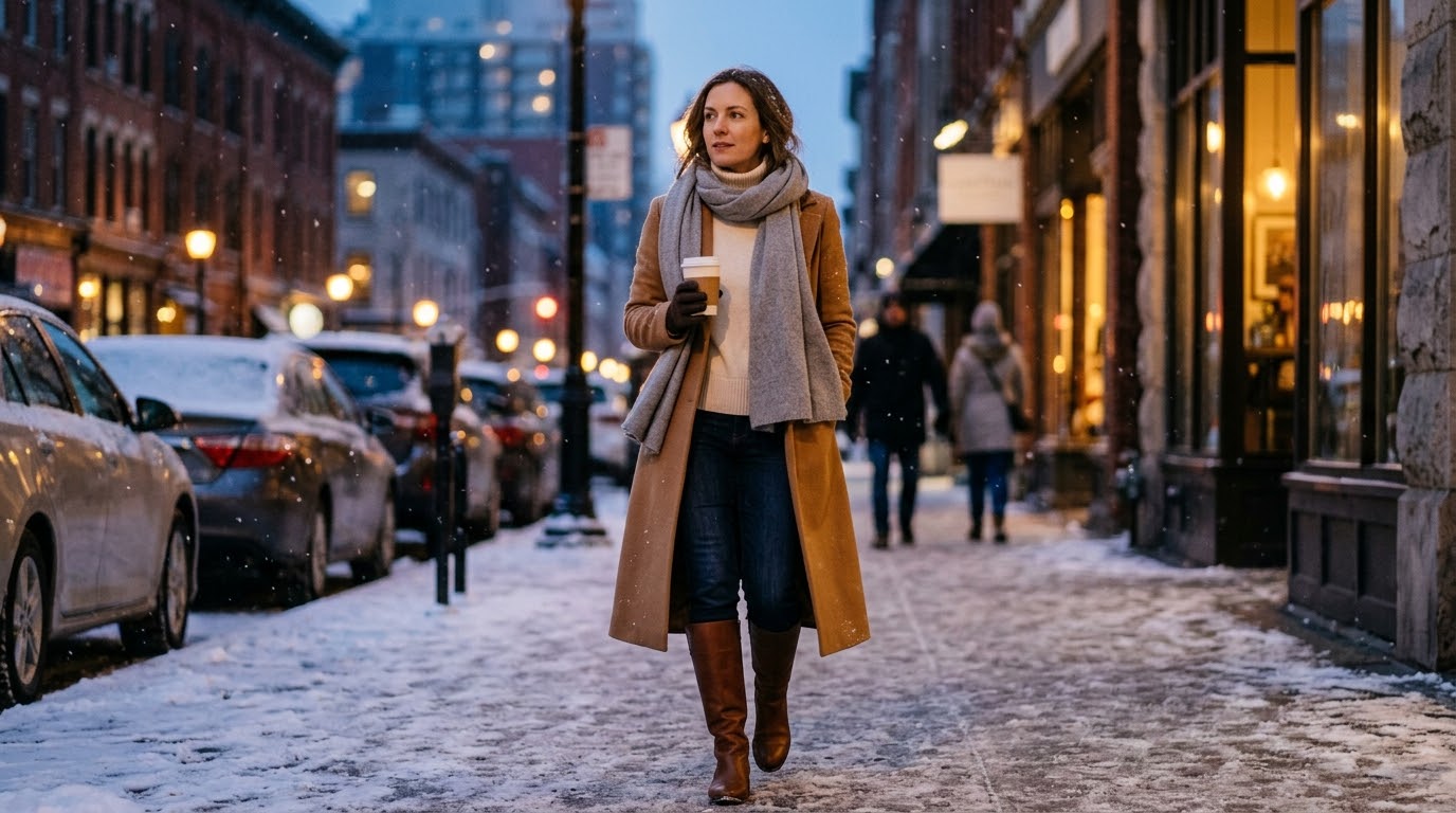 Winter outfit for women: camel coat, cream turtleneck, jeans and knee-high boots