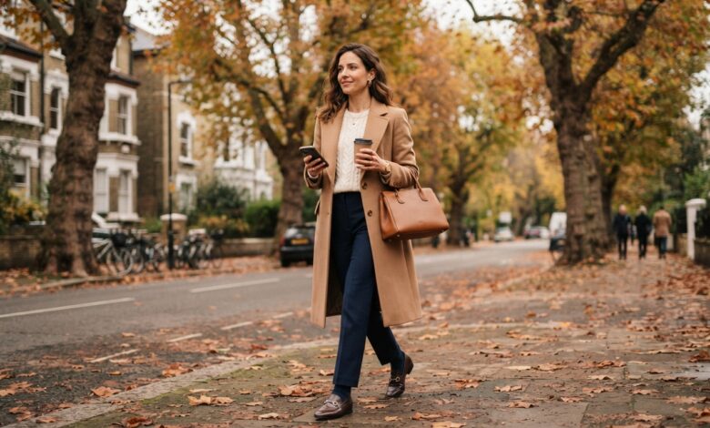 Old money style outfit: camel coat, cable-knit sweater, navy trousers and loafers